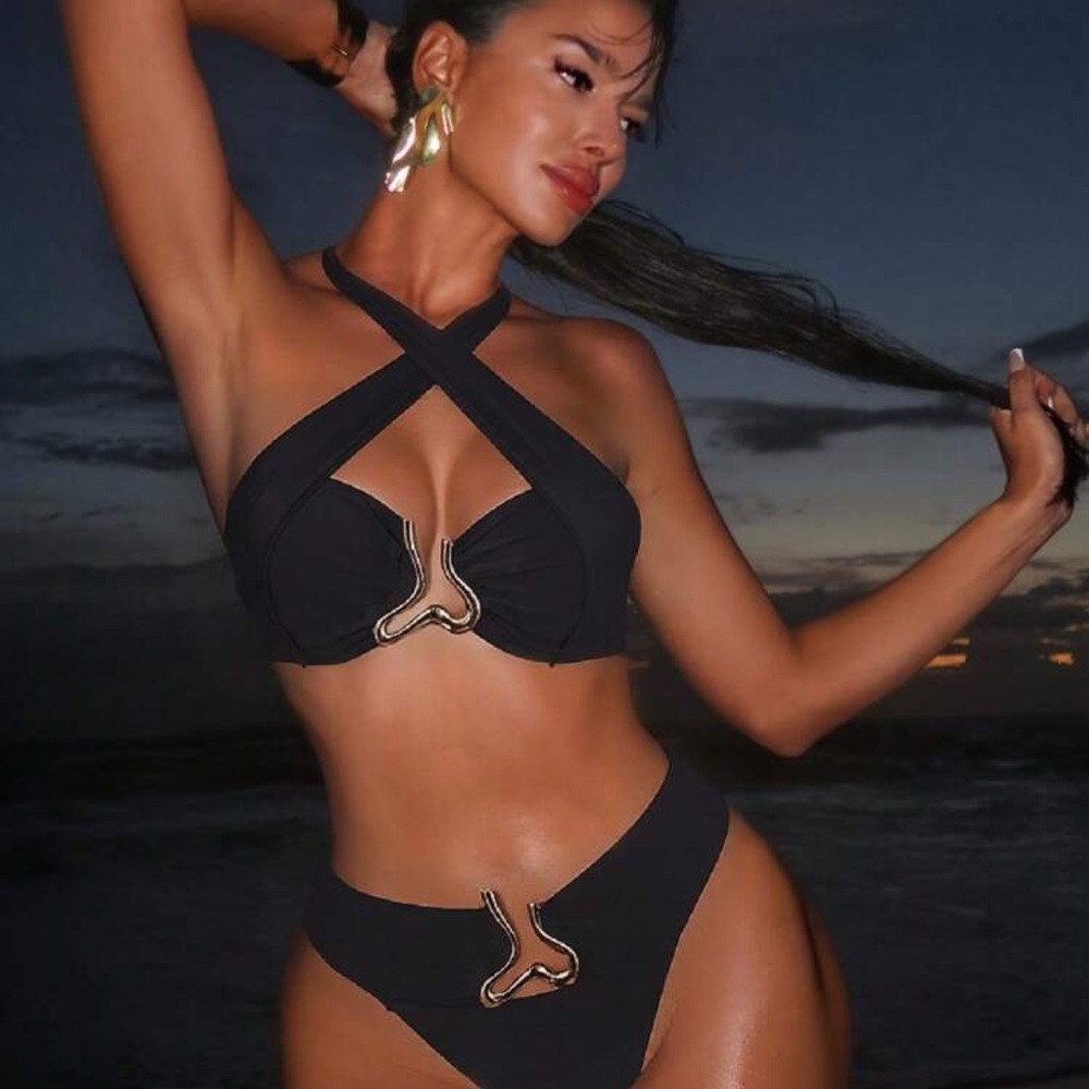 Sexy Solid Gold Color Accessory Bandeau Halter High Waist Bikini Set, Summer